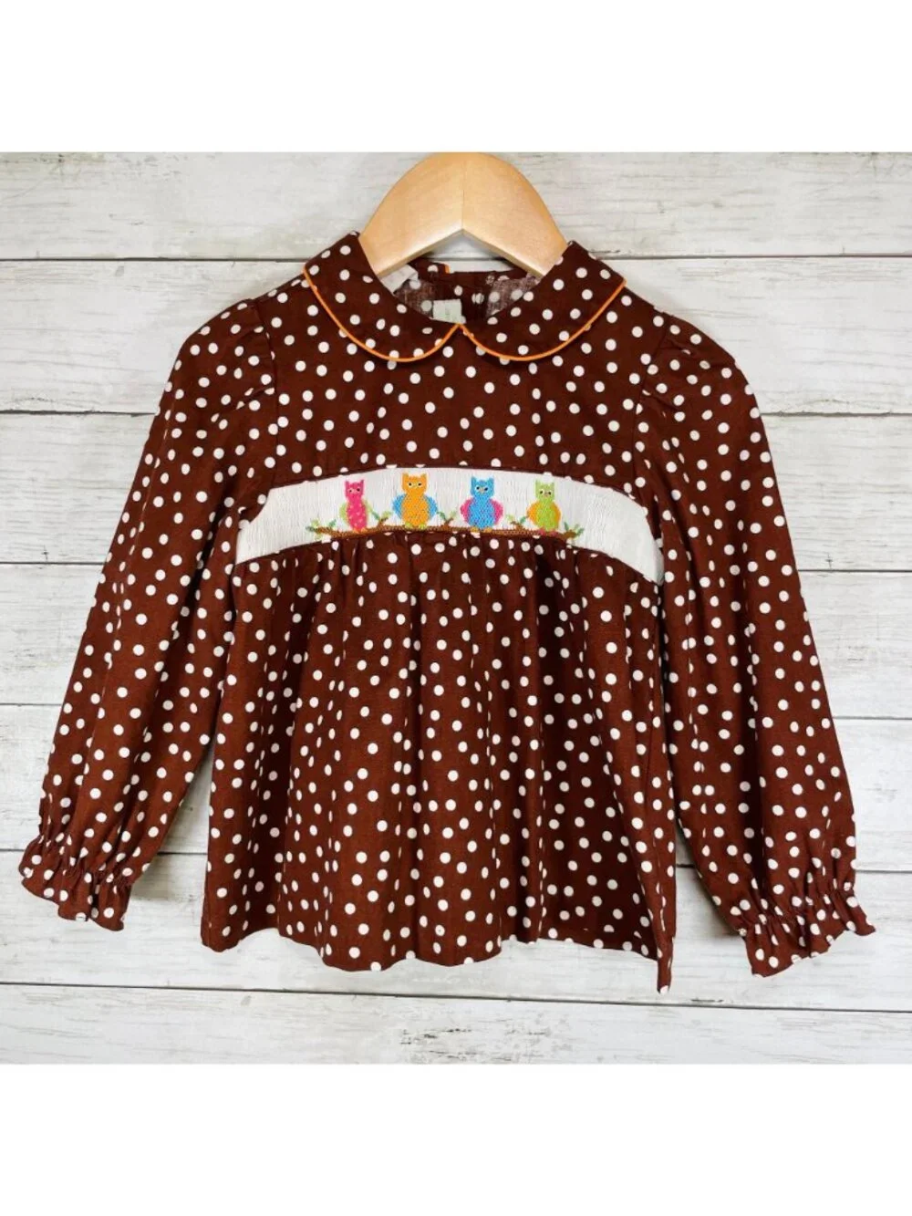 Girls Owl Embroidered Long Sleeve Smocked + Ruffle Pants Matching Outfit Set 5